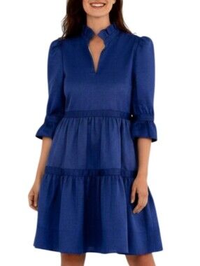 Gretchen Scott Teardrop Dress Size XL Faille Blue Ruffle Tiered Preppy Chic NWT